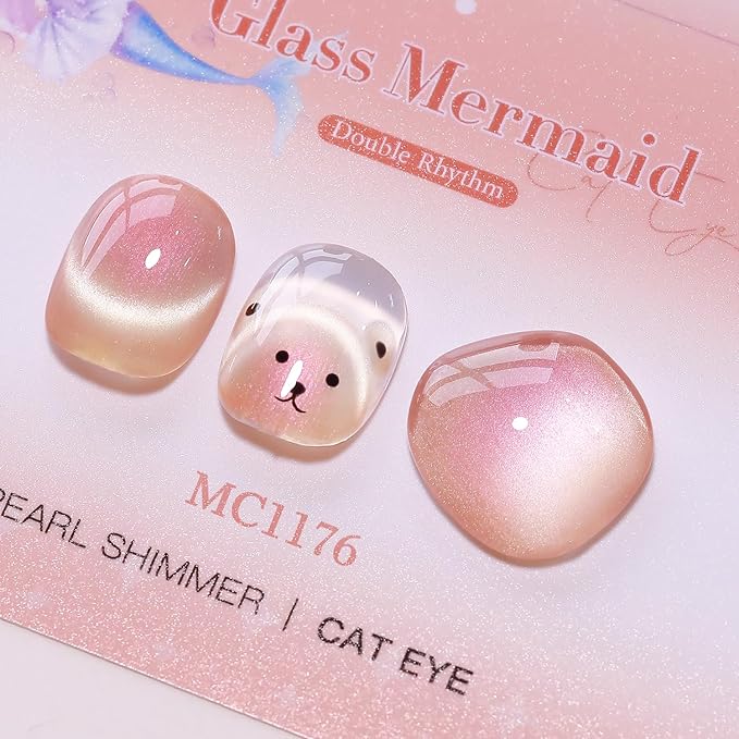 Double Rhythm 0.5 Oz Cat Eye Gel Polish with Magnet Same Color Same Bottle Holographic Glitter Shimmer Translucent Color Salon 15 ML Magnetic Nail Art (Mermaid Nude-MC1176)