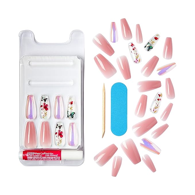KISS Gel Fantasy Press On Nails, Nail glue included, Jelly Cookie', Pink, Long Size, Coffin Shape, Includes 28 Nails, 2g glue, 1 Manicure Stick, 1 Mini File (Pack of 2)