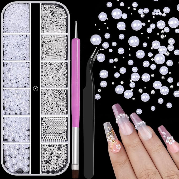 3D Mini Small Caviar Nail Beads Balls, 0.7-2mm Silver Nail Art Beads 1.5-5mm White Nail Pearls Half Round Flatback Pearl Nail Charms with Pickup Tools for Nails Face Eyes Makeup(31-K1-4)