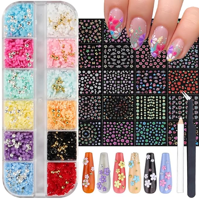 Flower Nail Charms Nail Art Kit with 30 Sheets Flower Nail Stickers 12 Boxes Colorful Flower with Rhinestone Nail Supplies 3D Nail Charms,Flower Nail Decals for Women Acrylic DIY Nail Art Decoration