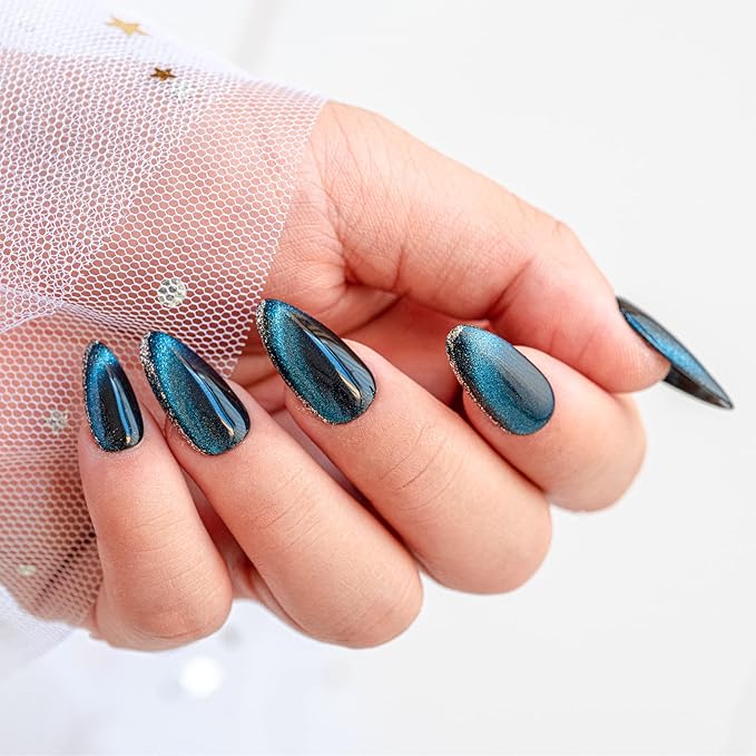 Sun&Beam Nails Handmade Press On Nail Medium Short Oval Blue Magnetic Cat Eye Fake Tip 3D Design Art Charms Cute with Storage Box 10 Pcs (#012 S)
