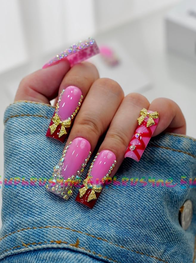 10PCS Pink and Red Gift Wrap Press On Nails – Long Coffin Fake Nails with Rhinestones & 3D Gold Bow Charms, Glossy Reusable Holiday Nails for Women and Girls – Euphrosyne