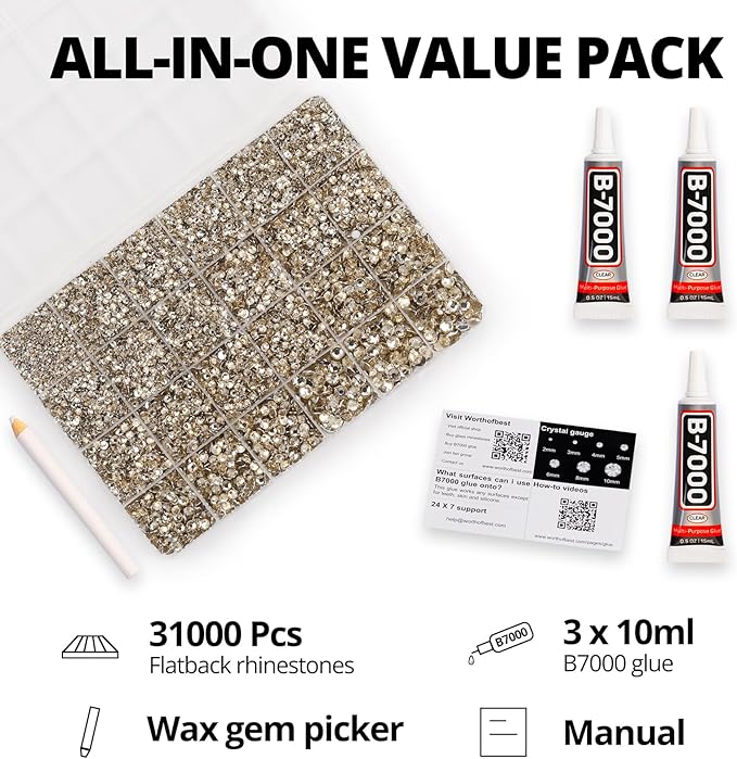 31000Pcs Champagne Resin Rhinestones Bedazzling, 2-6mm Mixed Sizes Tan Bedazzle Gems, Rose Gold Flatback Bedazzled Diamonds Jewels Crystals with B7000 Glue for Crafts Crafting Clothes