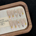 Handmade Press on Nails Long Stiletto Fake Nails French Tip Leopard print with 3D Flower Gold Designs Glossy Cute Acrylic Nails for Women 10pcs (Size M）