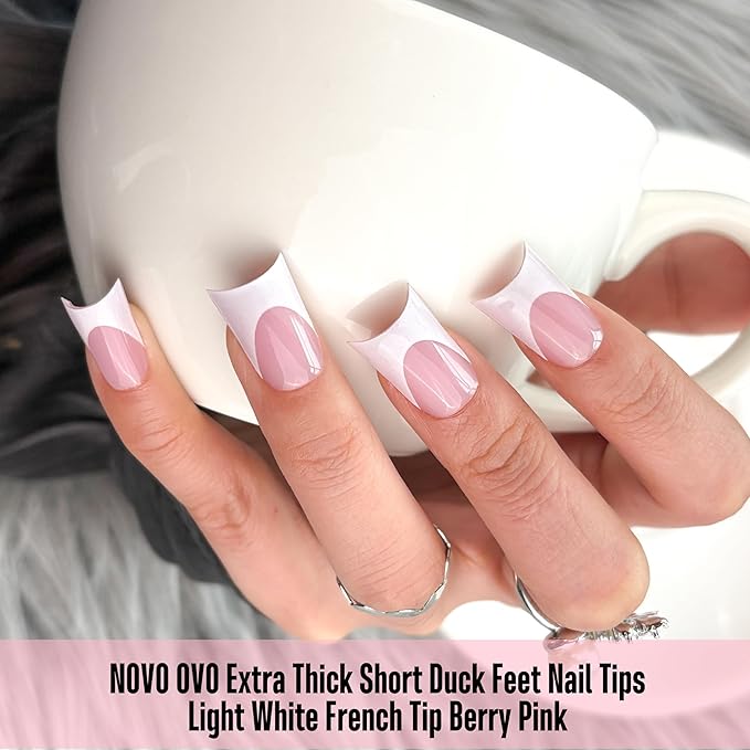 NOVO OVO Extra Thick Duck Nails Short with Moon Curve Light White French Tips BERRY PINK Full Cover for Press on Acrylic, Flare Wide French Soft Gel Fake False Nail Extension x 15 Sizes 240 pcs