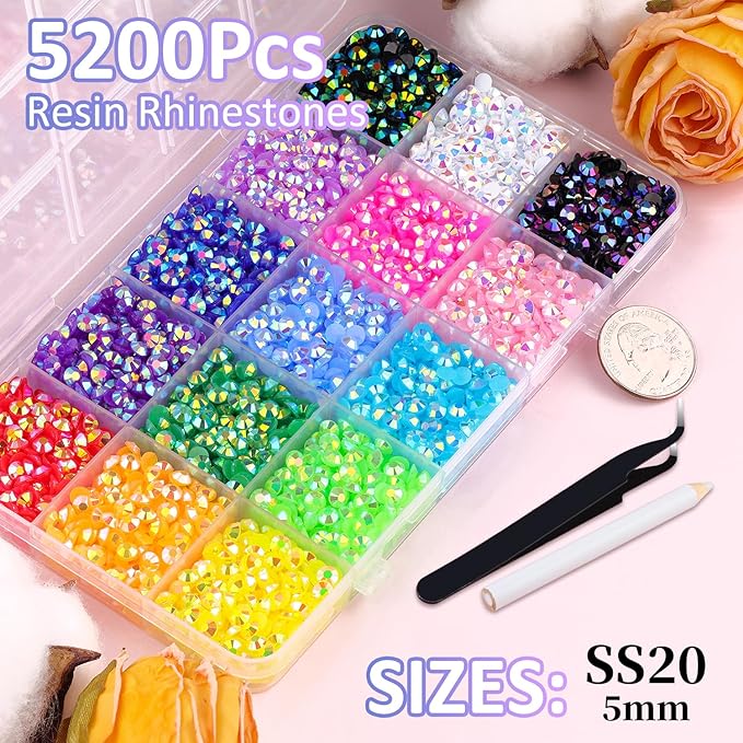5200Pcs Resin Jelly Rhinestones with Tweezers for Crafting, Mixed-Color 5mm Flatback Gems, Bedazzling Crystal for DIY Crafts Clothing Tumblers Mugs Shoes Fabric Nail Art