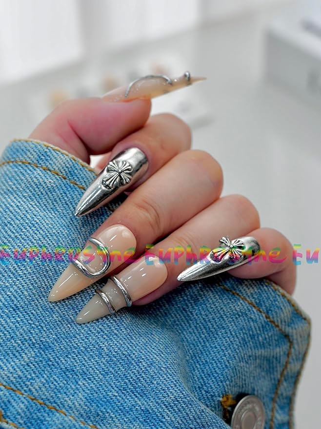 Euphrosyne Silver Chrome Stiletto Press On Nails – 10pcs Long Fake Nails with 3D Gothic Cross Charms | Edgy Metallic Punk Nails for Women, Statement Look for Party or Photoshoot