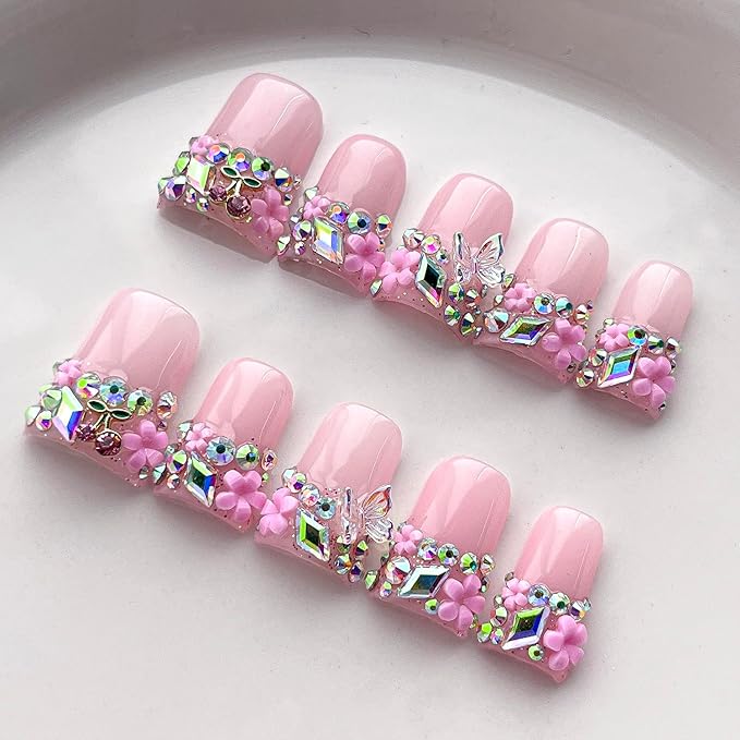 French Tip Press on Nails Handmade Short Duck 3D Floral Thick Acrylic Nails Cute False Nails with Rhinestones Flower Butterfly Designs Pink Glossy Fake Nail Sturdy Art Spring Press on Nail 10Pcs(S)