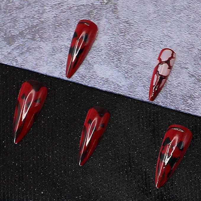 Blood Press on Nails - Halloween Fake Nails | Long Stiletto Acrylic Nail with Horror Ghost Designs,Reusable Stick on Nail for Women Girls | 12Size - 24Pcs with Jelly Glue