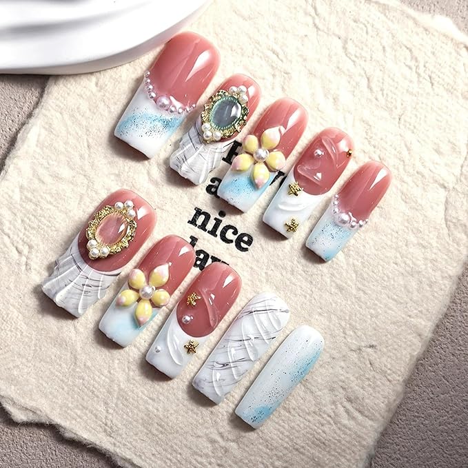 Handmade Acrylic Press On Nails Long Square Fake Nails with 3D Flower and Pearl Designs White French Tip False Nails Luxury Reusable Stick on Nail for Women 10Pcs (Size M)