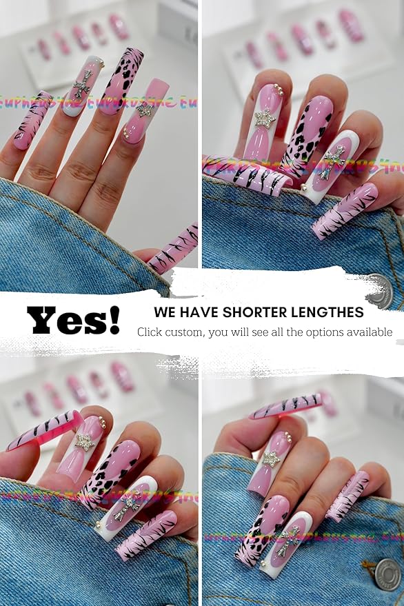 Euphrosyne Punk Y2K Press On Nails – Long Coffin Nails in Pink with Leopard & Zebra Prints, Cross Charms & Star Accents | 10pcs Glam Fake Nails for Teens and Women, Bold Nail Art for Party or Selfie