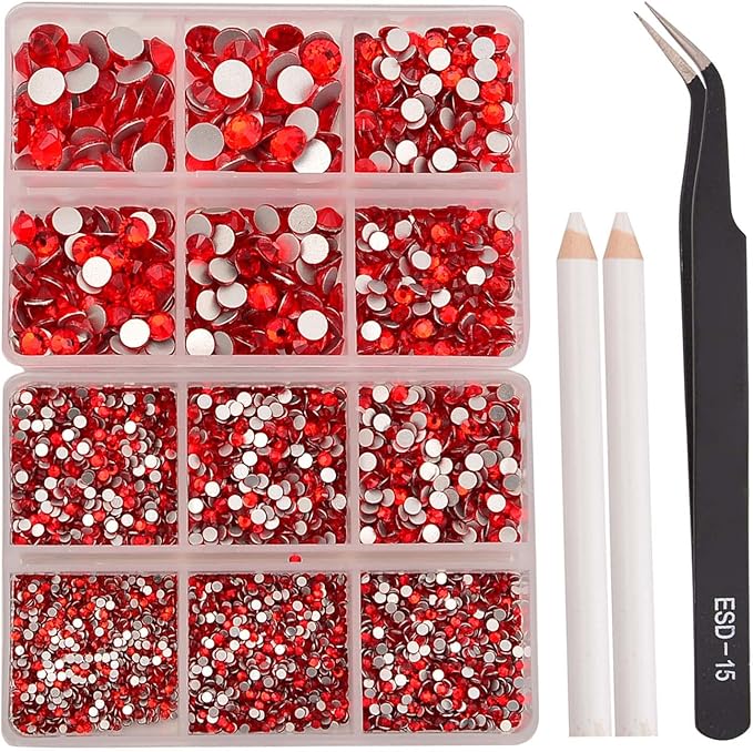 NCB 8000pcs Non Hotfix Rhinestones 10 Sizes Flatback Crystal Glass Rhinestones with Tweezers and Picking Pen for Nail Art Clothes Bags Phone Decorations Crafts DIY (019 Siam Mix SS3-SS30)