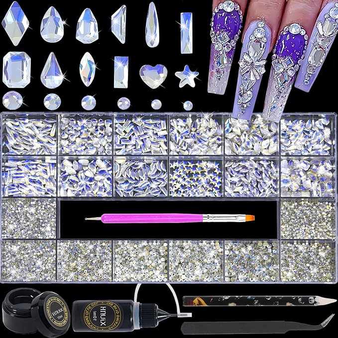 HNUIX Nail Rhinestones - 4550pcs Crystal Blue Moonlight, Multiple Shape Gems, Flatback Rhinestones, with Kit and Glue Gel, for Nail Art