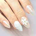 Handmade Press On Nails Short Almond Ivory Pearl Shimmer Nails with 3D White Flower. Natural Elegant Reusable Set (15 Sizes, 30 Nails + Glue) | Designed in L.A, Made in Vietnam| PEARL PROMISE