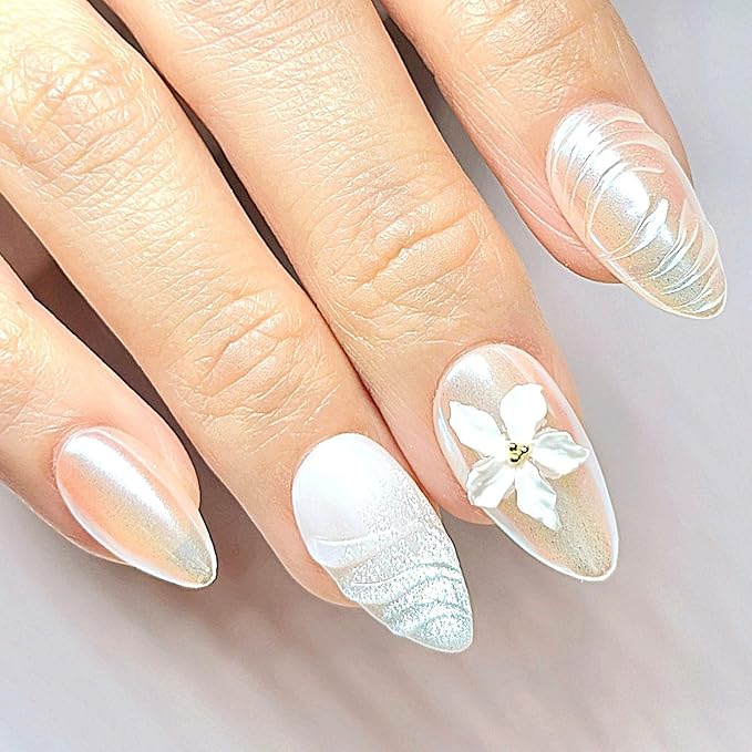 Handmade Press On Nails Short Almond Ivory Pearl Shimmer Nails with 3D White Flower. Natural Elegant Reusable Set (15 Sizes, 30 Nails + Glue) | Designed in L.A, Made in Vietnam| PEARL PROMISE