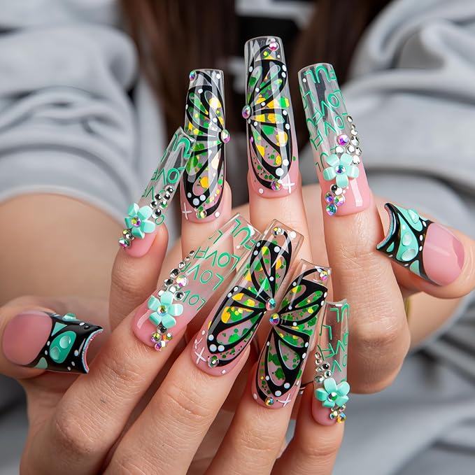LOVFUL Press on Nails Teal Flutter| Handmade Acrylic Press ons| Reusable Fake False Nails| Square Mid length 1.7in| H724-L