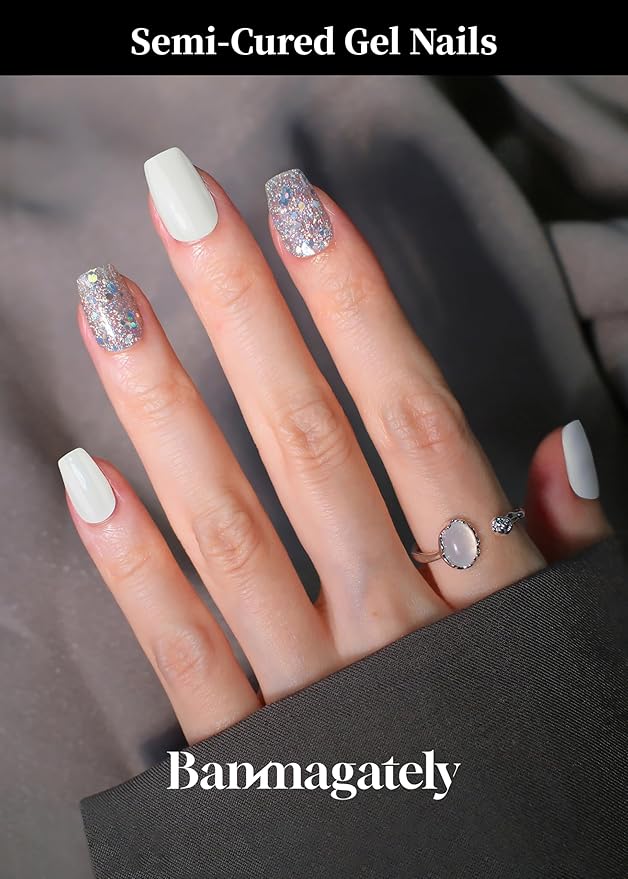 Semi Cured Gel Nail Strips, 20Pcs Long Lasting Salon Quality Wraps, Easy Apply & Remove Gel Nail Stickers with UV Light (Glitter Goblin White)