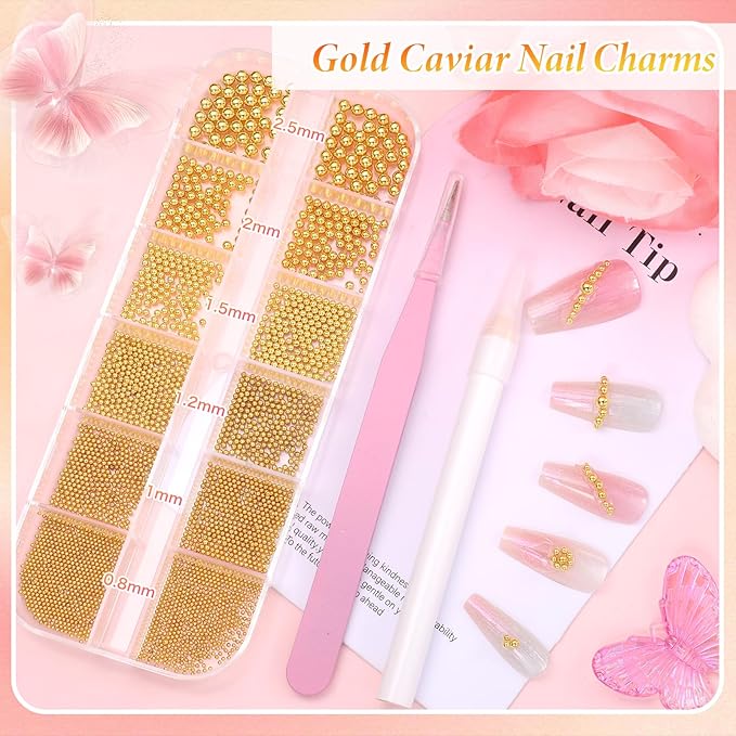 Caviar Beads for Nails, Gold White Pearls Nail Beads Charms, Mix Size Nail Caviar Beads Half Flatback Pearls for Nail, Nail Beads Charms for Nails Design DIY Crafts Accessories