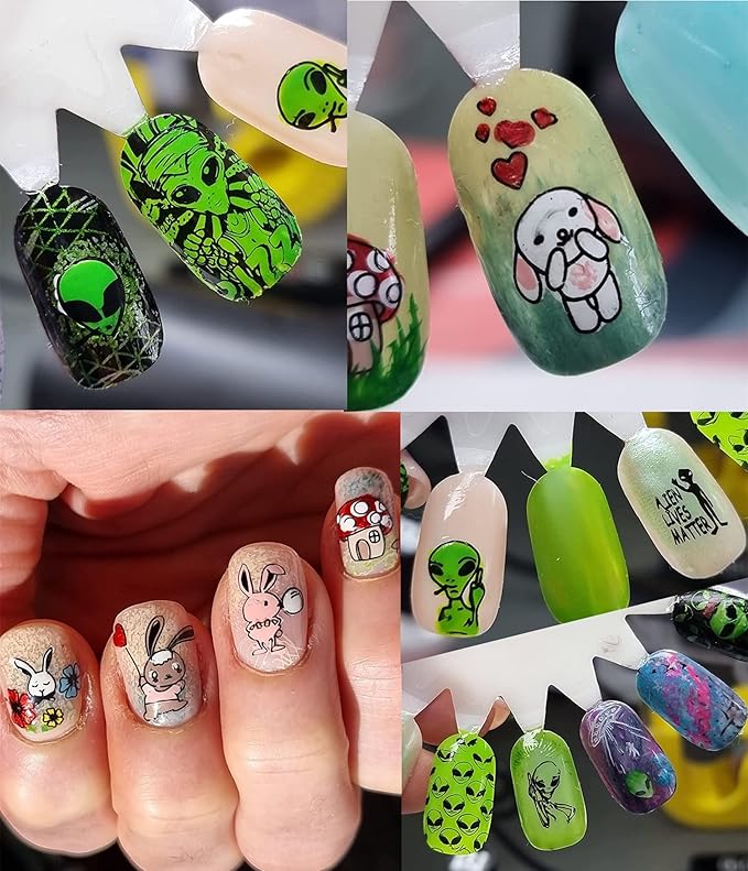 Cat Puppy Unicorn Nail Stamping Plate Kit Set, 7pcs Star Heart Cute Animal Design Nail Stamper Plate Rabbit Dogs Mermaid Image Stamping Plates Alien Dinosaur Nail Art Stamp Templates Stencils Tools