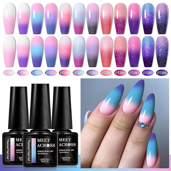 MEET ACROSS 12Pcs Color Changing Gel Nail Polish Set Temperature Mood Changed Glitter Nail Polish Gel Pink Purple Blue Gel Polish DIY Salon Gift for Women