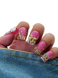 Euphrosyne 10pcs Pink Short Square Press On Nails – Fake Nails with Rhinestones, Zebra Print & 3D Butterfly Charms | Cute Stick-On Nail Art for Women or Teens, Daily or Party Wear