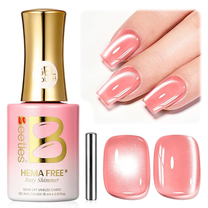 Beetles Rosy Shimmer Pink Cat Eye Gel Nail Polish - 15ML Glass Pink Glitter Cat Eye Spring Gel Polish Magnetic Shimmer Effect Soak Off UV Nail Art Design Salon DIY Manicure Gift for Women
