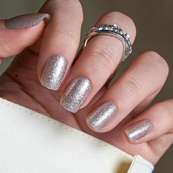 Curvlife Short Press on Nails Square Acrylic Fake Nails with Silver with glitter Design Full Cover False Nails Reusable Nail Kit with Nail Glue Adhesive Tabs Nail File Artificial