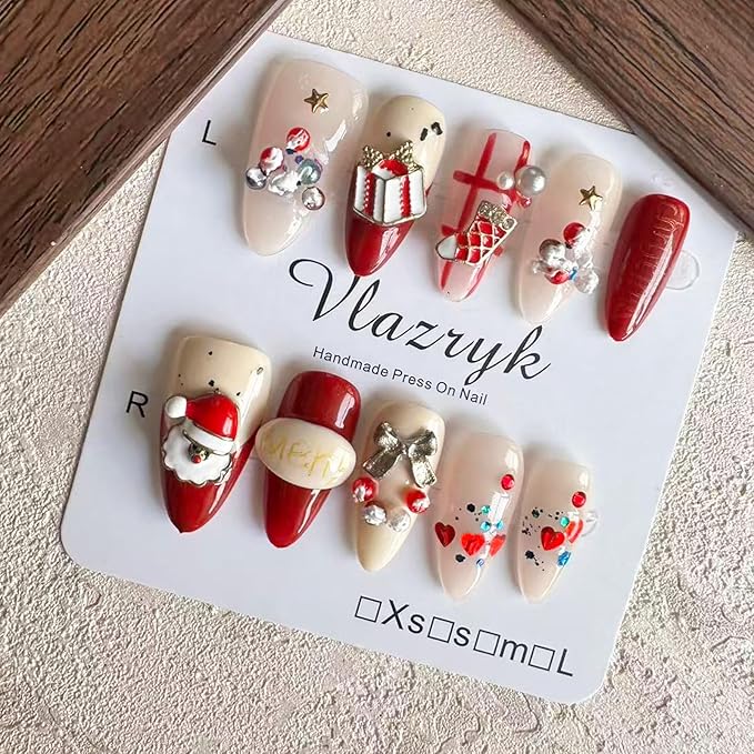 Christmas Handmade Press On Nails – 10pcs Medium Almond Fake Nails, 100% Handmade 3D Santa Claus Designs, Thick Gel Acrylic Full Cover False Nails for Women