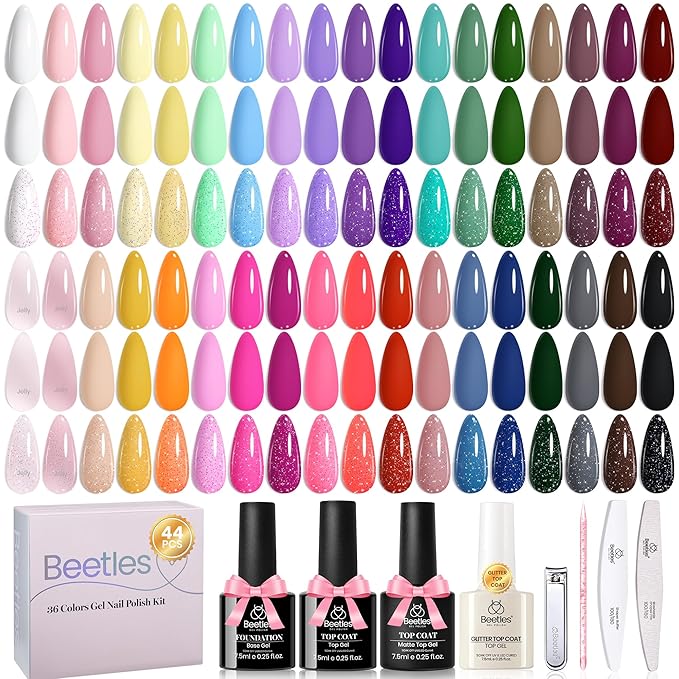 Beetles 36 Colors Gel Nail Polish Set, Pastel Jelly Pink Purple White Green Gel Polish Kit with Glitter Gel Base & Top Coat Nail Tools Soak Off UV Nail Art Salon DIY at Home Manicure Gift for Women
