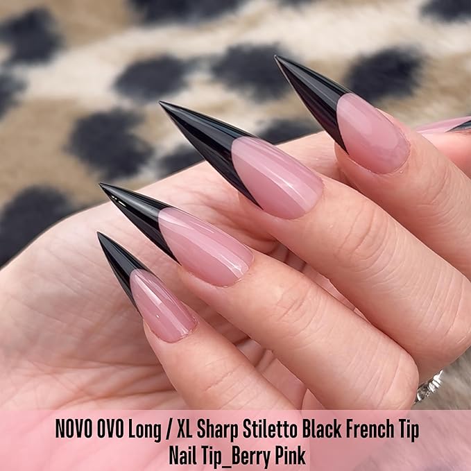 NOVO OVO Black French Tip Long XL Sharp Stiletto Nail Tips Press on BERRY PINK, Soft Gel Double Matte Fake Nail Extension, Full Cover False Nails for Acrylic DIY x 16 Sizes 160 pcs