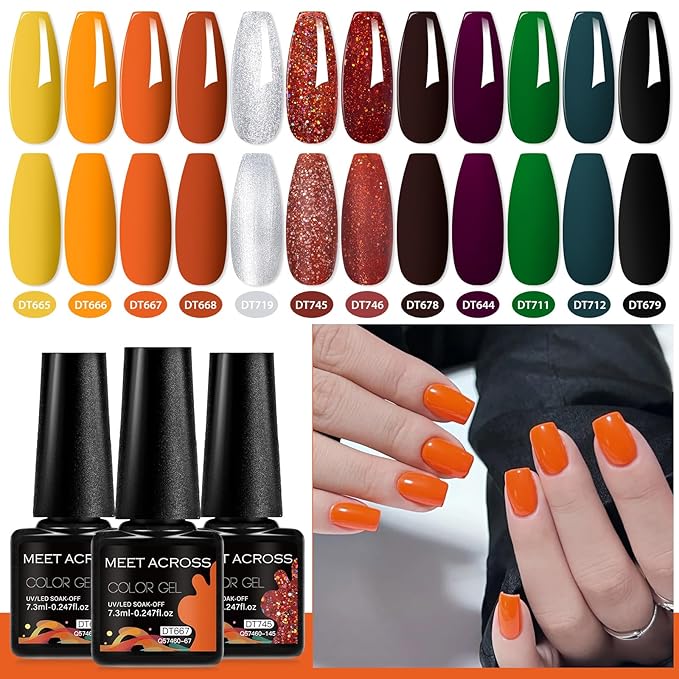 MEET ACROSS 12pcs Gel Nail Polish Set,Soak Off UV LED Lamp Gel Nail Polish Kit,Fashion Shimmer Nail Art Design Gifts for Women Manicure Salon (Autumn series)