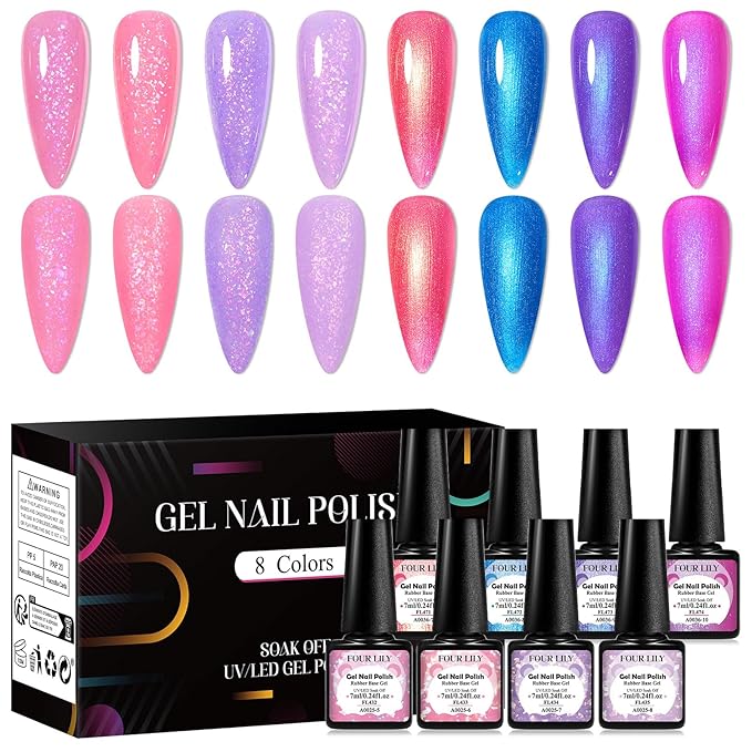 Rubber Base Gel Nail Polish Set Brocade Pink Purple Builder Base Gel in a Bottle Hard Extension Gel Pearlescent Blue 8 Colors Cured for Nails at Home Salon DIY Beginner