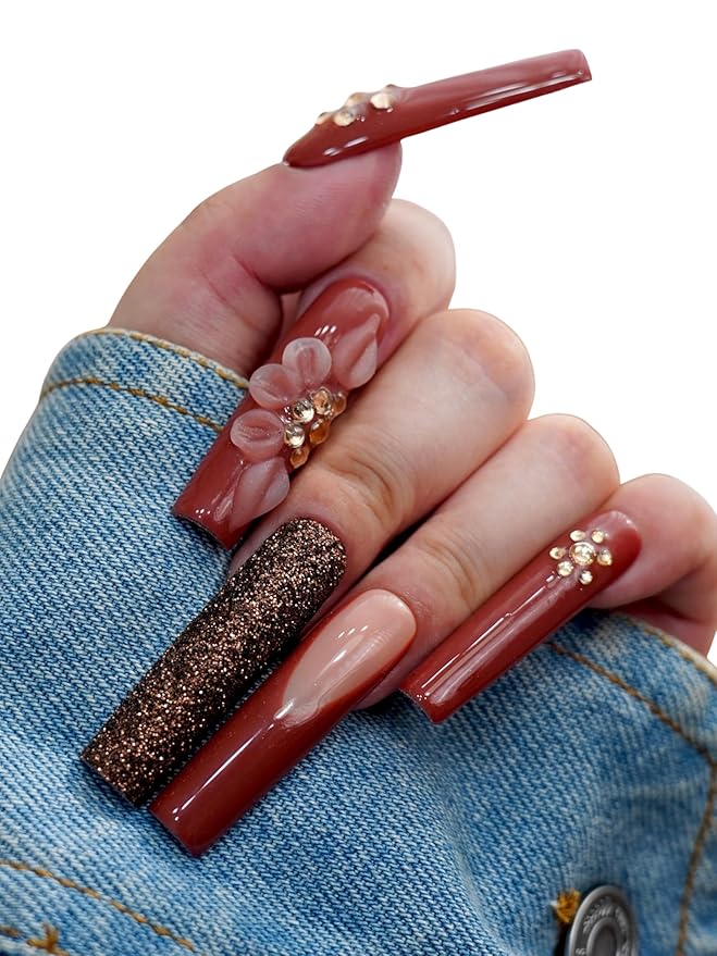 Euphrosyne Press On Nails Long Coffin – 3D Flower & Glitter Burgundy Fake Nails with Rhinestones, Reusable Handmade Luxury Acrylic Nails for Women, Glam Party Nail Tips