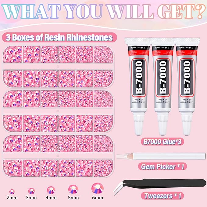 Resin Rhinestones for Crafting with 3Pcs 10ml B7000 Jewelry Glue, 3 Boxes Pink AB Flatback Gems Crystals Diamond for Bedazzling Crafts DIY Nail Art Makeup,Gems for Clothing Tumblers Shoes