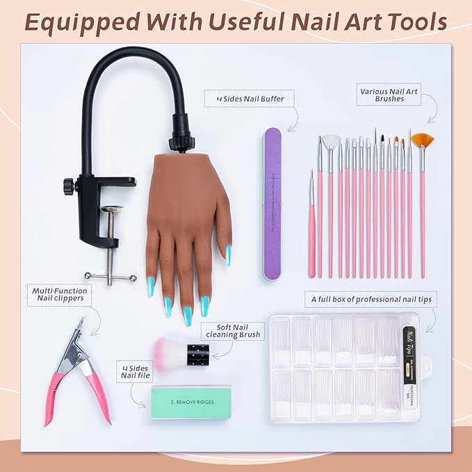 Practice Hand for Acrylic Nails, Realistic Silicone Training Hand with Flexible Fingers for Nail Art Practice,Professional Mannequin Hand Model Kit for Gel Polish