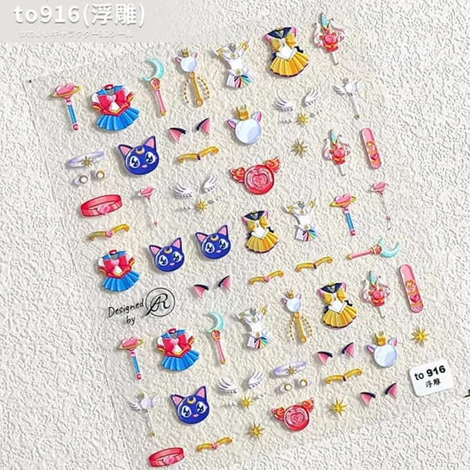 New Cartoon Anime Princess Moon Hare Nail Sticker Decals 5D Embossed(2 Sheets) + 3D Diamond Nail Art Accessories(4 Pcs)