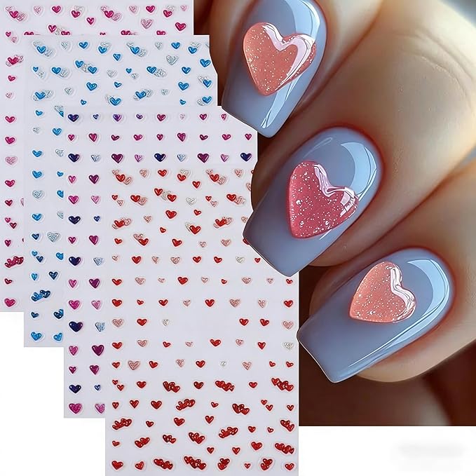 Valentine Day Nail Stickers 5D Embossed Red Hearts Nail Decals Cute Blue Love Nail Designs Multi Kawaii Glitter Nails Supplies Spring Holiday Nails Art Supplies for Women DIY Manicure 4 Sheets
