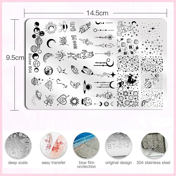 Biutee Nail Stamping Plate Nail Stamper Kit with Stamper & Scraper, Large Nail Art Stamping Plate French Line Lace Flower Leaves Animal Star Space Design DIY Nail Stamping Kit