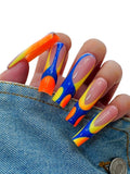 10PCS Colorful Swirl Press On Nails – Long Coffin Fake Nails with Blue, Orange & Yellow Abstract Design, Glossy Reusable Y2K Nails for Women and Girls – Euphrosyne