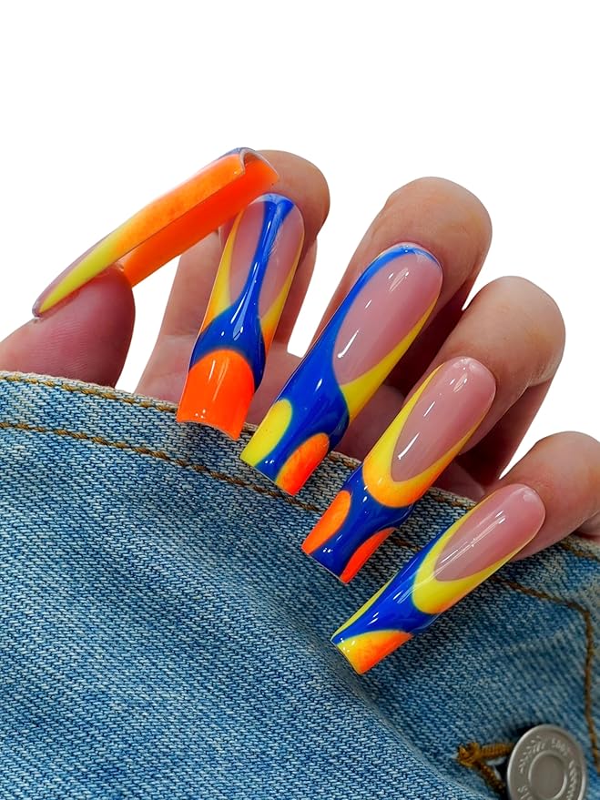 10PCS Colorful Swirl Press On Nails – Long Coffin Fake Nails with Blue, Orange & Yellow Abstract Design, Glossy Reusable Y2K Nails for Women and Girls – Euphrosyne