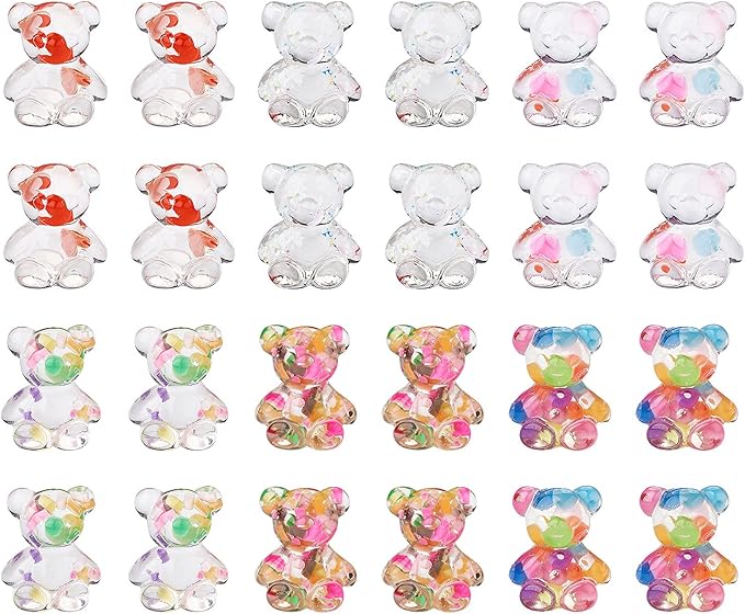 FASHEWELRY 60Pcs Transparent Resin Gummy Bear Cabochons Flatback 3D Cute Cartoon Bear Slime Charms with Star Paillette for DIY Jewelry Making