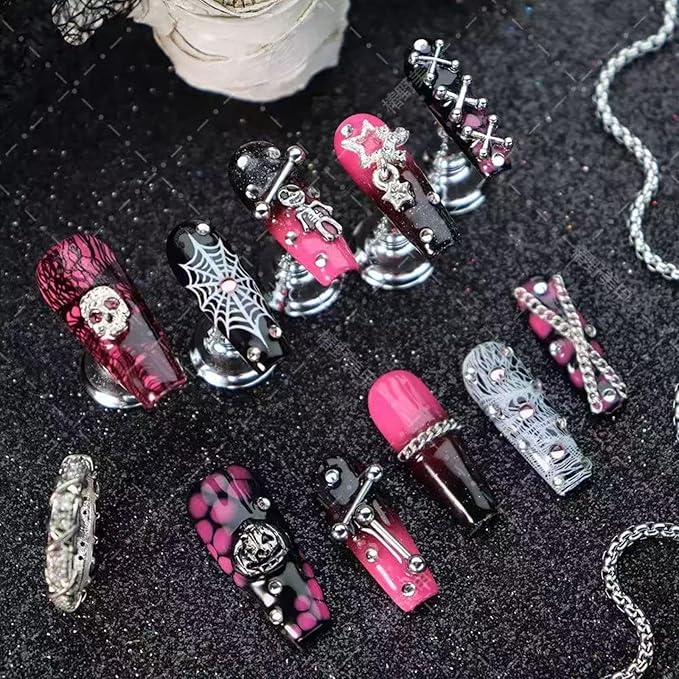 100% Handmade Press on Nails Halloween Long Coffin Fake Nails with Skeleton Punpkin Star Charms Design Ombre Pink Black Glue on Nails Reusable Halloween Handmade Nail for Women Manicure Size M