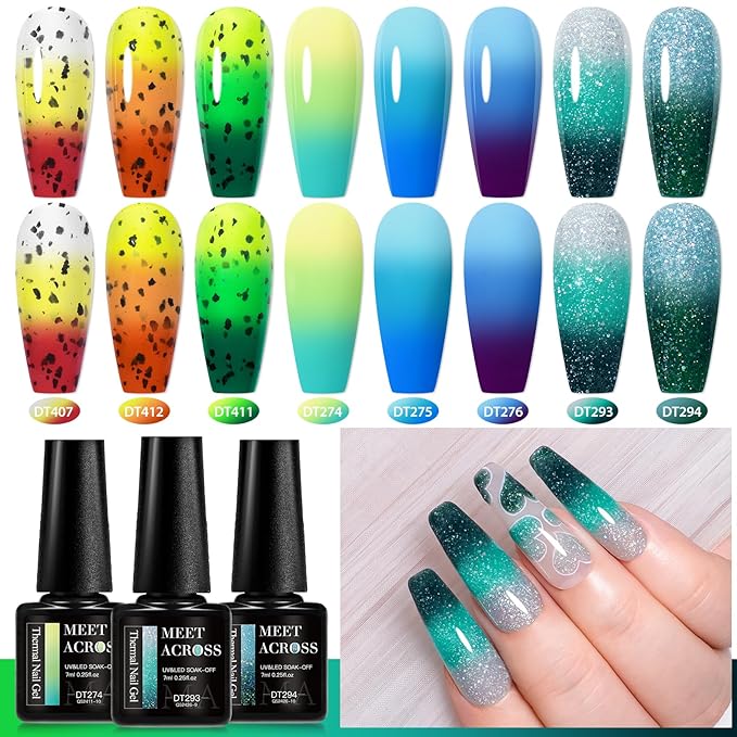 MEET ACROSS 12PCS Color Changing Gel Nail Polish Set Blue Green Mood Temperature Change Nail Polish Eggshell Gel Polish Set Nail Art Design 8 Colors