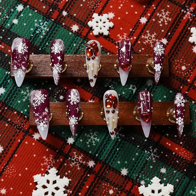 Valentine Press on Nails Long Stiletto Red Heart Design- 3D Gems & White Stripe Snowflake Handmade Design, Sparkling False Nails Stick on Nails for Women(Romantic Snow Falls,M)