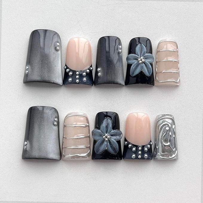 French Tip Press on Nails Handmade Short Duck 3D Flower Thick Acrylic Nails Black Sparkly False Nails with Pearls Silver Chrome Powder Designs Glossy Fake Nail Sturdy Art Press on Nail 10Pcs(M)