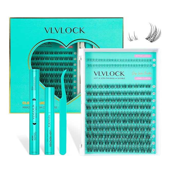Lash Clusters Kit Clear Band Natural Cluster Lashes with Bottom Lash Clusters 5-16MM Individual Lashes Wispy False Lashes with Lash Bond and Seal,Lash Tweezer DIY at Home(Ivy Kit)