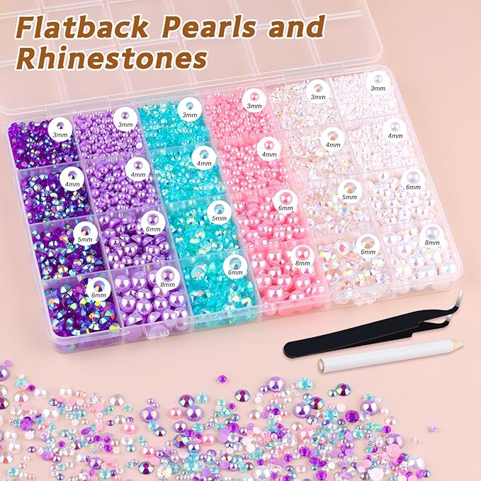 14000PCS Flatback Pearls and Rhinestones for Bedazzling Kit, Pink Purple Mixed Size 3-10mm Resin Rhinestones Gems and Half Pearls for Crafting, Nail Art Crafts Decoration