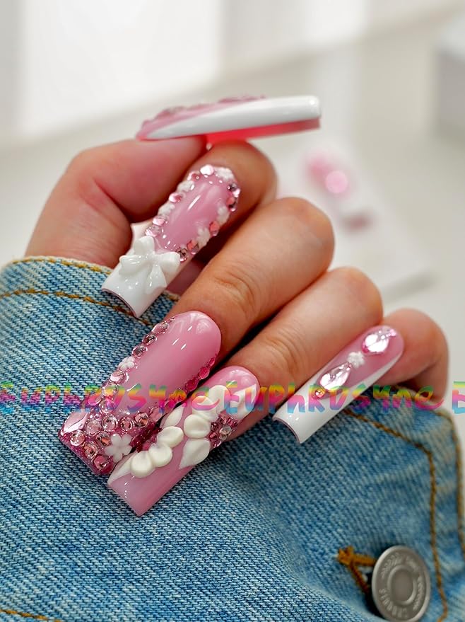 10PCS Pink Glitter Press On Nails – Long Coffin Fake Nails with 3D Flowers, Rhinestones & Scalloped Edge Design, Glossy Reusable Sparkly Nails for Women and Girls – Euphrosyne