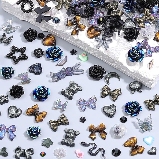 850 Pieces 3D Butterfly Rose Flower Bow Rabbit Bear Nail Charms Kit with Nail Art Rhinestones Pearls Crystal Gems Nail Slices for Manicure DIY Crafts Jewelry Accessories (Black)
