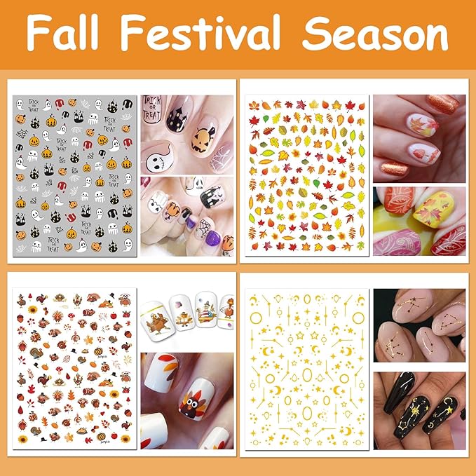 TailaiMei 24 Sheets Holiday Nail Stickers, Halloween, Christmas, Fall, Valentine Mixed All Seasons Variety Pack for Year-Round Seasonal Nail Art Decorations, Self-Adhesive Design Nail Decals
